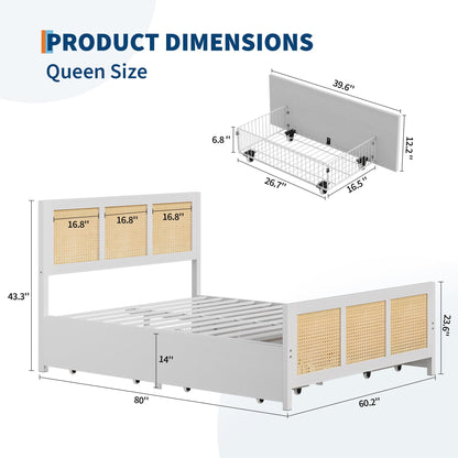 Garvee Rattan Queen Bed Frame with LED Headboard (7 Colors), Boho Cane Platform Bed with 4 Large Drawers, Strong Metal Slats Support, Noise Free, No Box Spring Needed, Easy Assembly, White