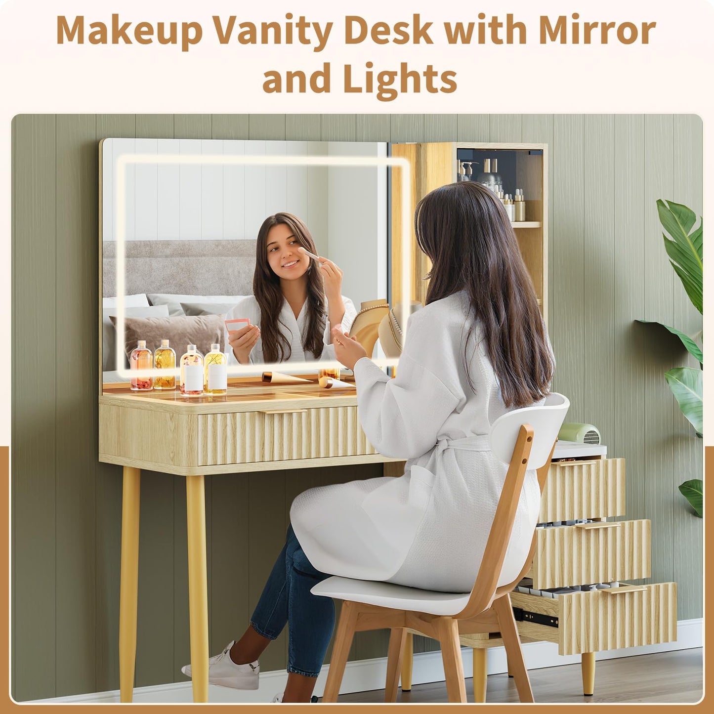 CuisinSmart Makeup Vanity Desk with Lights, Fluted Wooden Dressing Table with 5 Drawers and Adjustable Shelves, Makeup Vanity Table Modern Glass Top with Charging Station for Bedroom (Oak)