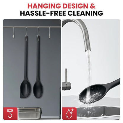 Silicone Spoons for Cooking, 600°F Heat Resistant Cooking Spoon with Solid & Slotted Spoon for Mixing, Serving, Stirring, Scraping, BPA Free Silicone Kitchen Utensil Set, Dishwasher Safe (2Pcs, Black)