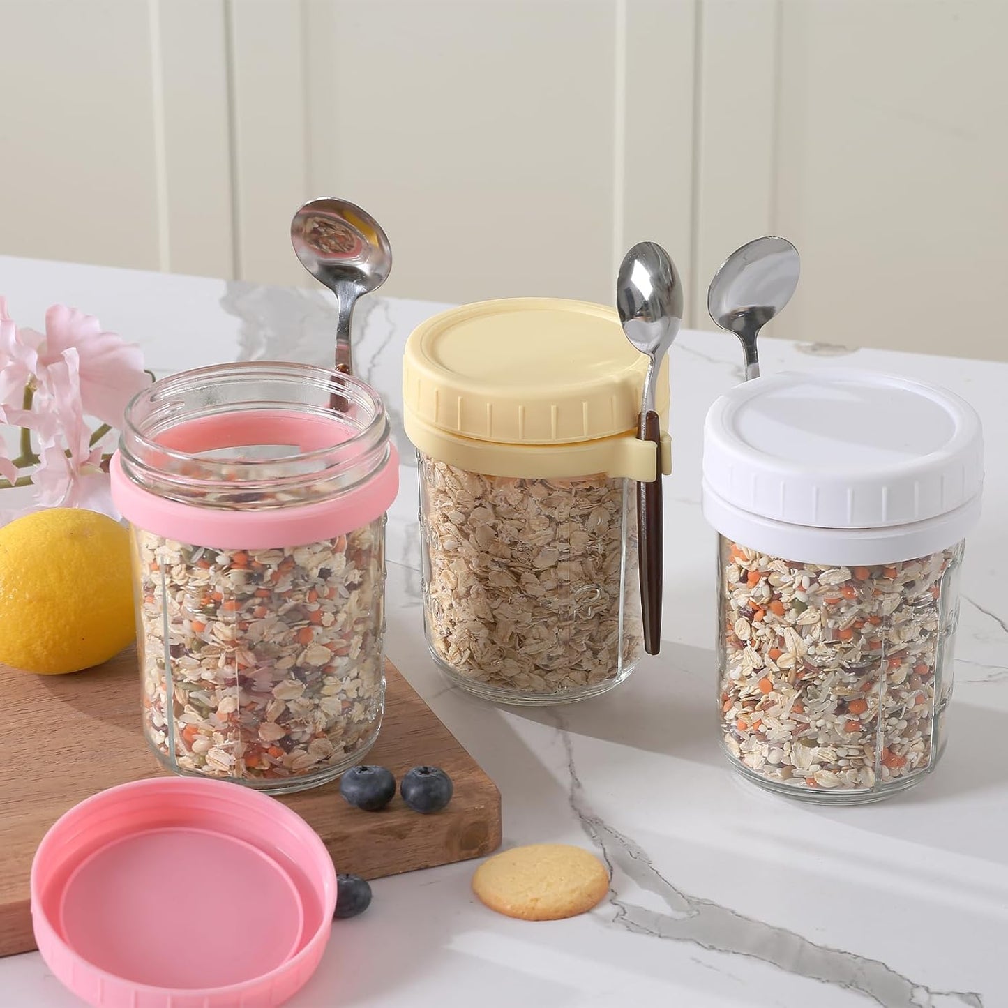 6 Pack Spoons,16 Oz (3 novelinks Overnight Oats Containers with Lids and Mason Jars, Leak Proof Overnight Oats Jars