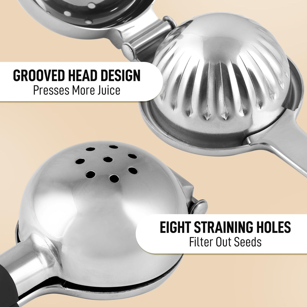 Zulay Lemon Squeezer Stainless Steel with Premium Heavy Duty Solid Metal Squeezer Bowl (Black Grip, Large)
