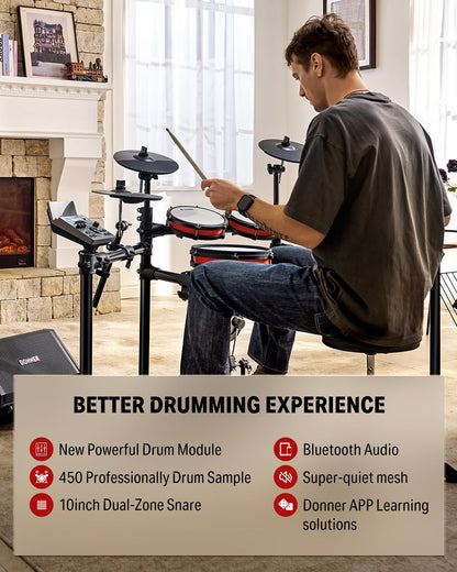 Donner Electronic Drum Set with Bluetooth, Electric Drum Kit with Throne, Headphones, Drumsticks, Melodics Lessons, 450 Sounds E Drum with USB MIDI, 5 Pads and 3 Cymbals Digital Drum, DED-200(2026)