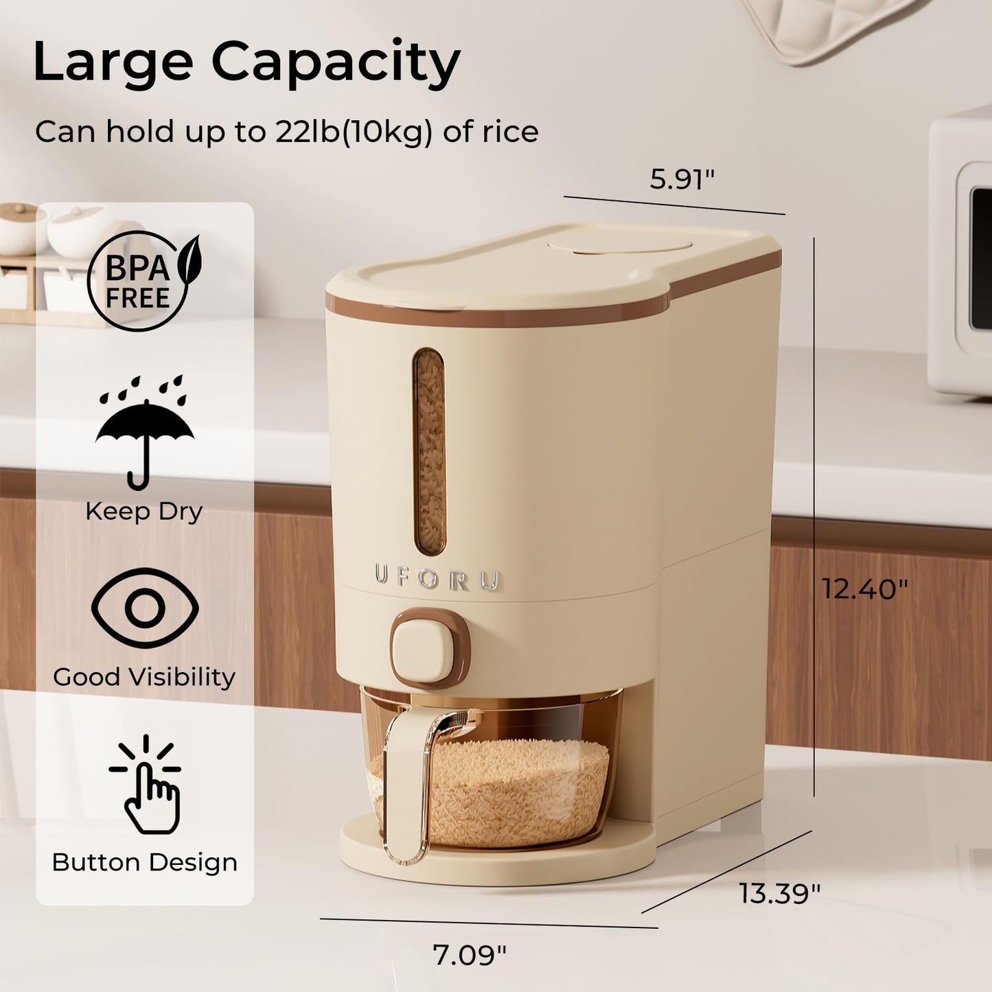 UFORU Rice Dispenser, Rice Storage Container with Measuring Cup for Kitchen Pantry Household, Cereal Dry Food Storage Containers Airtight, Sealed Moisture Proof (Brown 11 Lbs)