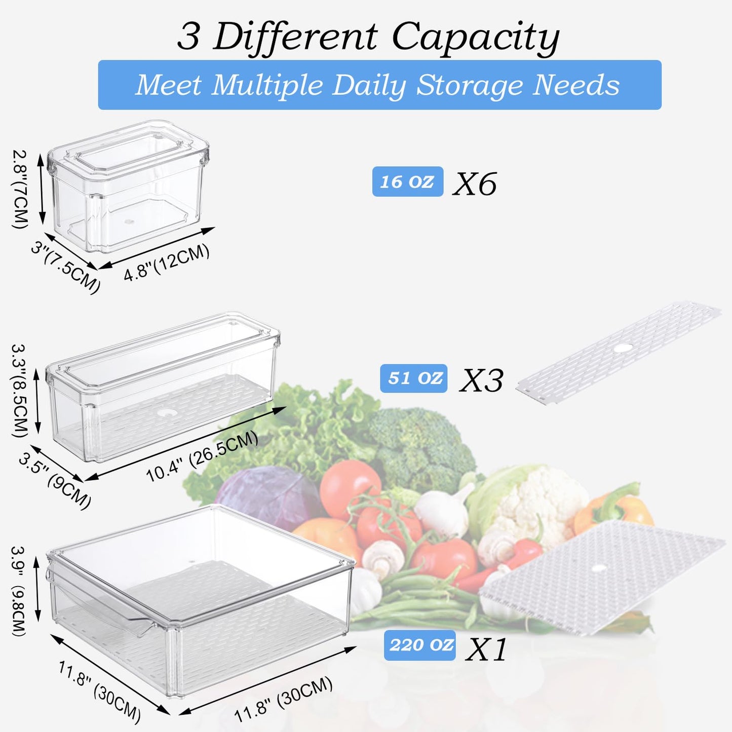 KUMD 10-Pack Clear Fridge Organizer Bins with Lids, Stackable Refrigerator Storage Containers, BPA-Free with Drain Tray & Anti-Slip Base for Fruits, Veggies, Drinks