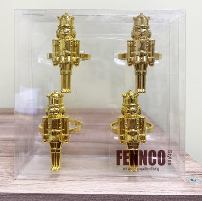 Fennco Styles Nutcracker Metal Napkin Rings - Set of 4 Dark Gold Decorative Holders for Dining Table & Holiday Decor