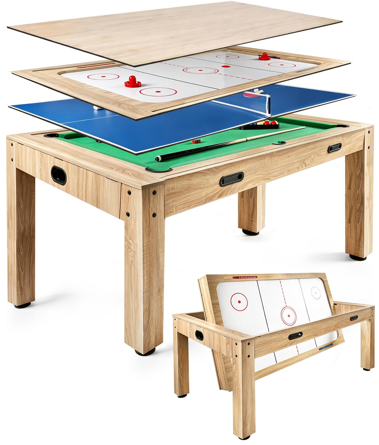 7FT 4-in-1 Multi Game Table with Pool Table Air Hockey Ping Pong, Convertible Pool Dining Table & Desktop with Locked Wheels, Complete Accessories Table Combo for Home, Game Room and Family Daily Use