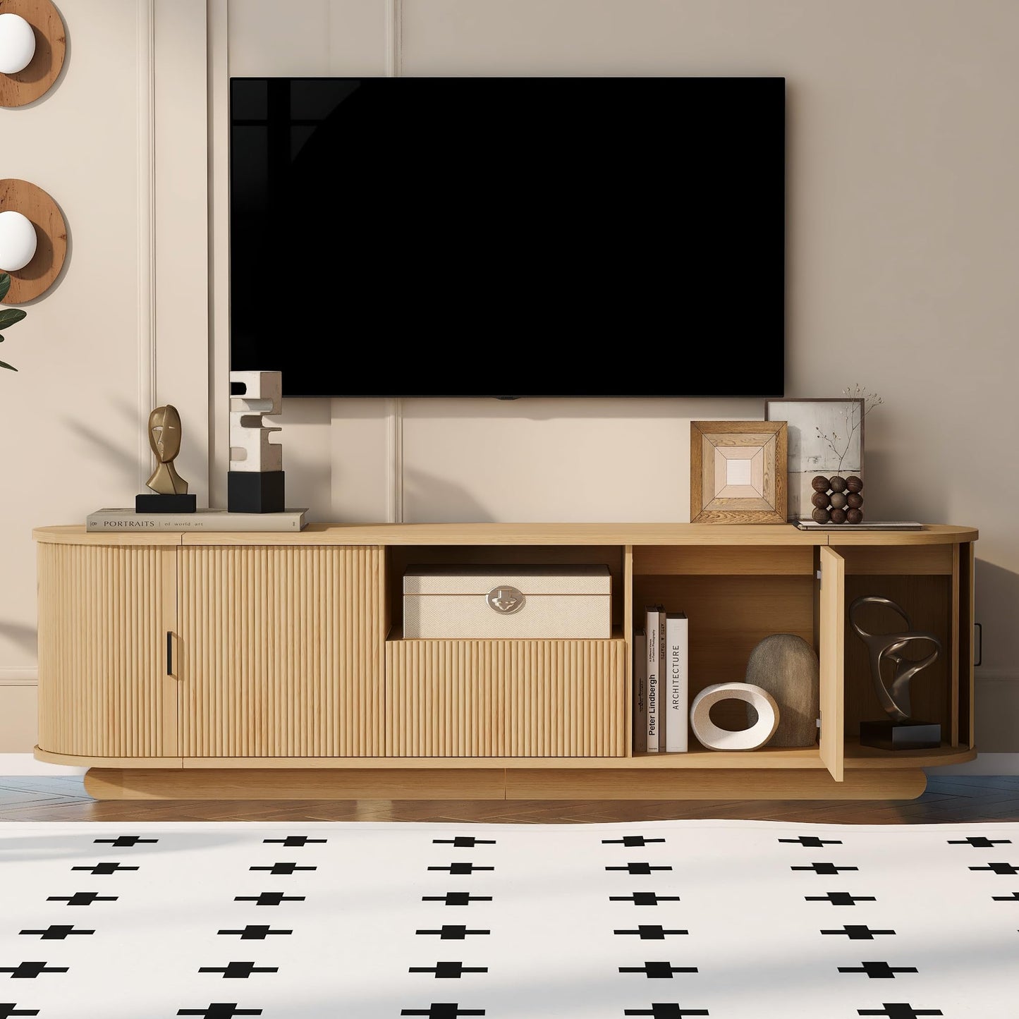 Merax TV Stand with Storage, Sliding Door Cabinets, Drawer and Open Shelf, Wooden Entertainment Center for Living Room, Media Console Table, Acacia Wood