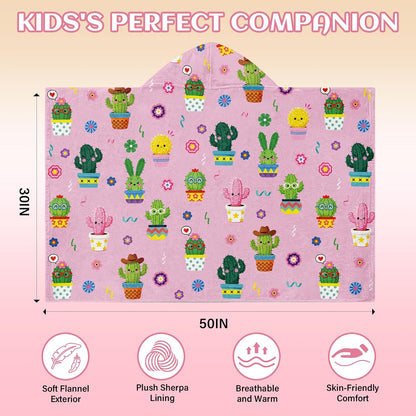 JOPJOLIW 30" 50", Cactus Hooded Towel for Kids x Cute Dancing Cactus Print Blanket, Soft Flannel Blanket Wearable Bath