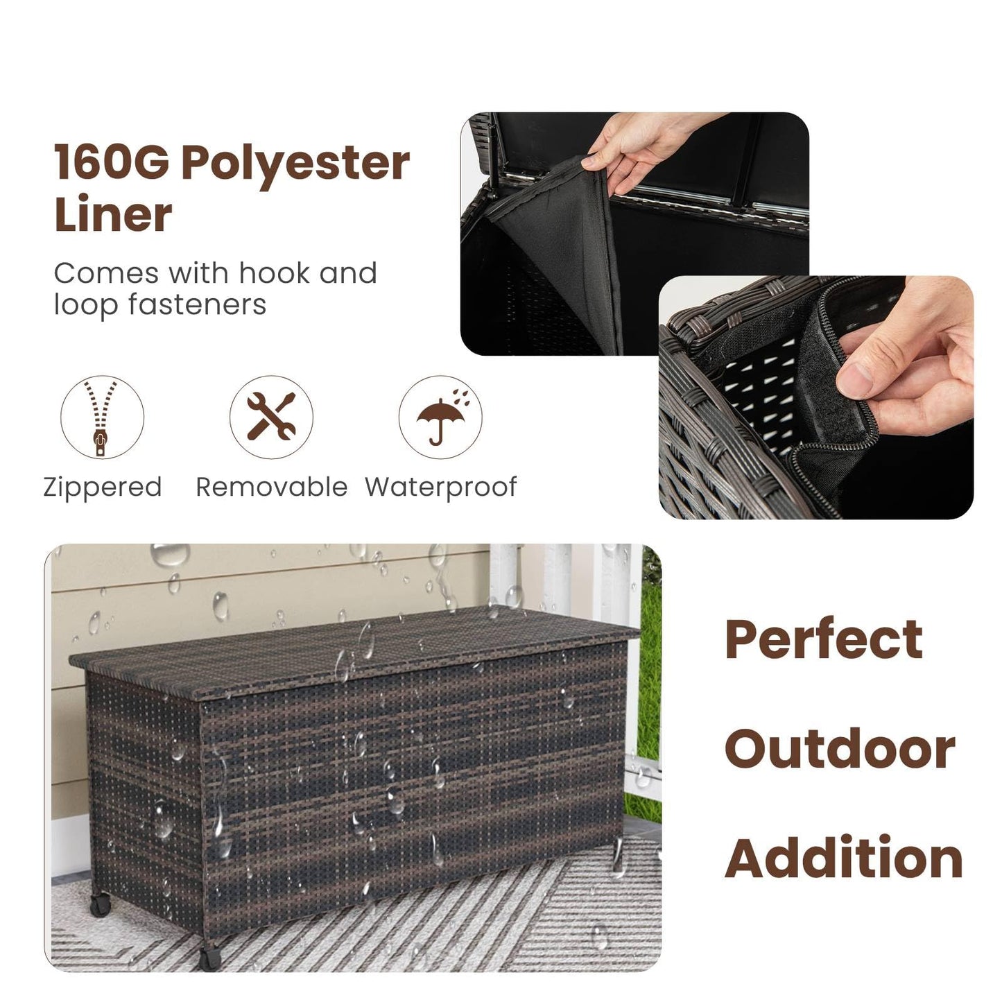 TANGZON 320L Garden Deck Box, Patio Cabinet Container with Polyester Liner, Universal Wheels & Gas Strut, Indoor Outdoor Storage Box for Pillows, Cushions & Tools (with Regularly-Woven Rattan, Brown)