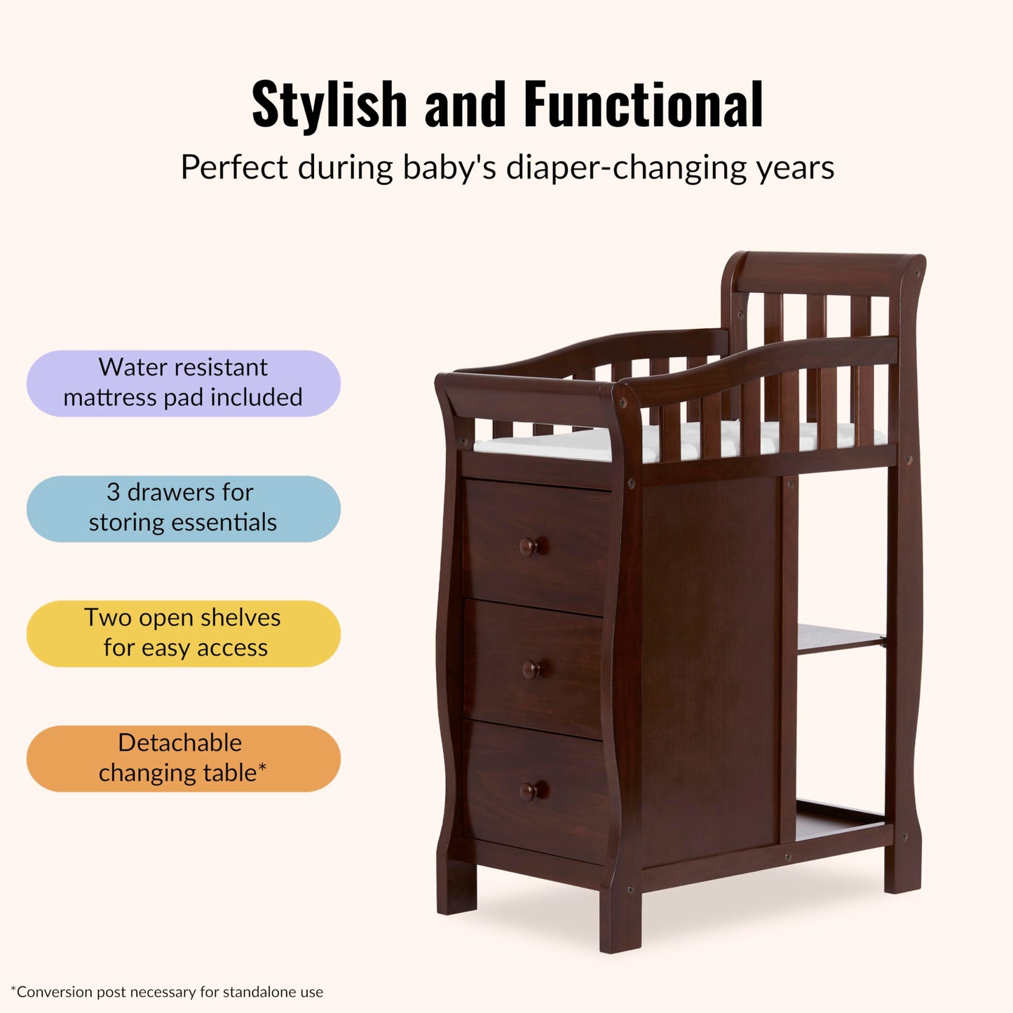 Dream On Me Jayden 4‑in‑1 Mini Convertible Baby Crib & Changer with Storage in Espresso, Pinewood, GreenGuard Gold & BSA, 1” Mattress Pad, 3 Mattress Heights, Converts to Mini Day & Twin-Size Bed