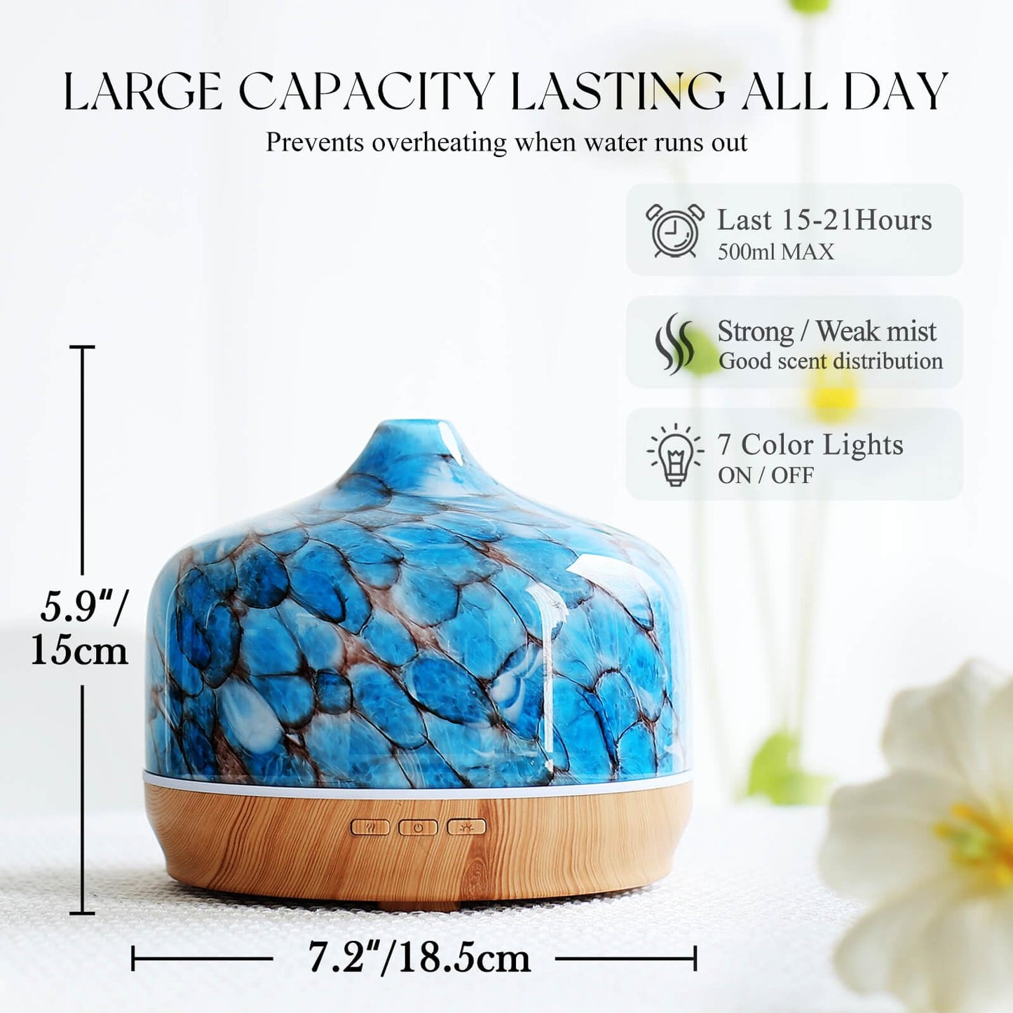 Porseme 500ml Essential Oil Diffuser, Aroma Ultrasonic Humidifier with Remote Control, BPA Free, Auto Shut-Off, Timer Setting for Large Room Sleeping Yoga