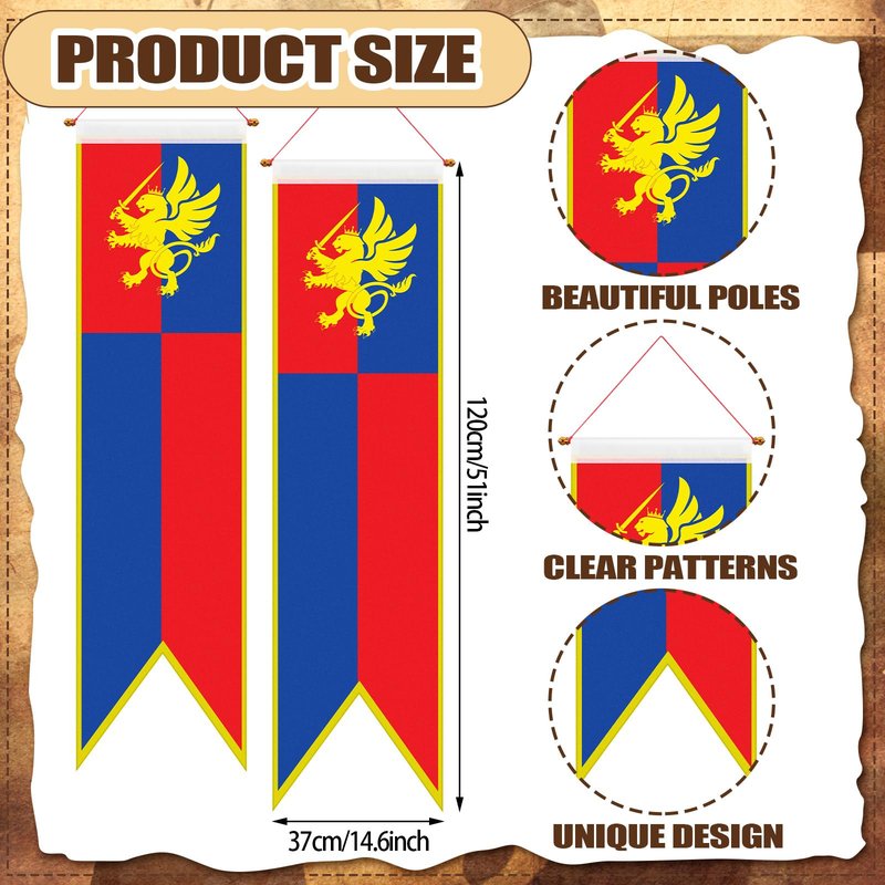 Oudain 4 ft Medieval Fantasy Pull-down Banner with Lion Design Hanging Party Bunting Banner Medieval Party Decorations Garden Cutouts Flag for Castle Theme Festival Birthday Decor(4 Pcs)