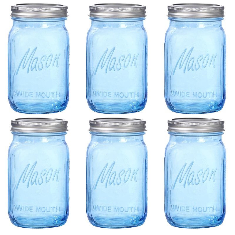 WELLIFE Wide Mouth Mason Jars,6 Pack Blue Mason Jars 32 OZ,Mason Jar for Decor Canning & DIY Crafts,Food Storage,Fermenting,Pickling,Meal Prep