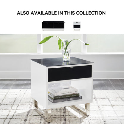 Signature Design by Ashley Gardoni Modern Glass-Tabletop End Table with 1 Drawer, Open Shelf, and High Gloss Finish, White & Black