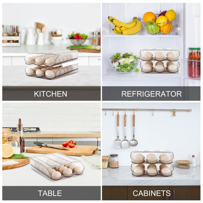 MesRosa Egg Holder for Fridge, Automatically Rolling Egg Storage Container for Refrigerator,Large Capacity Egg Organizer for Fridge with Lid,Clear Plastic Dispenser, Tray & Bin -2 Layer