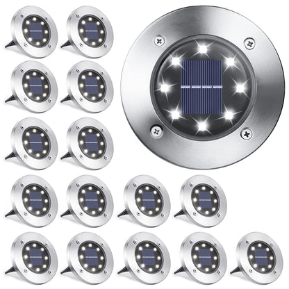 LYHOPE Solar Ground Lights Outdoor, 16 Pack 8 LED Solar Disk Lights Waterproof Garden In-ground Pathway Light Landscape Lighting for Lawn,Yard,Deck,Patio,Walkway (White)