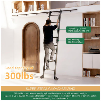 104RDHOUSE 8FT Lightweight Aluminum Rolling Step Ladder 96",Rolling Library Ladder with Wheels,Industrial Sliding Ladder for Home Library,Bookshelf, 4FT Hook Ladder Bookcase Track Kit for Home
