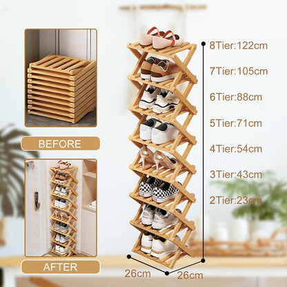 3 Closet Tier Natural Bamboo Shoe Rack,Foldable Space Saving Shoe Storage Organizer,Easy Assembly & Strong Design Shoes