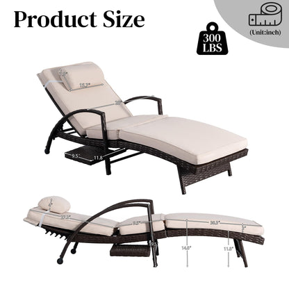 Chaise Lounge Chairs Set of 2, 6-Position Adjustable Outdoor Recliner with Side Table & Wheel,All-Weather PE Rattan Wicker Patio Lounge Chair With Removable Cushion for Poolside Backyard Beach (Beige)