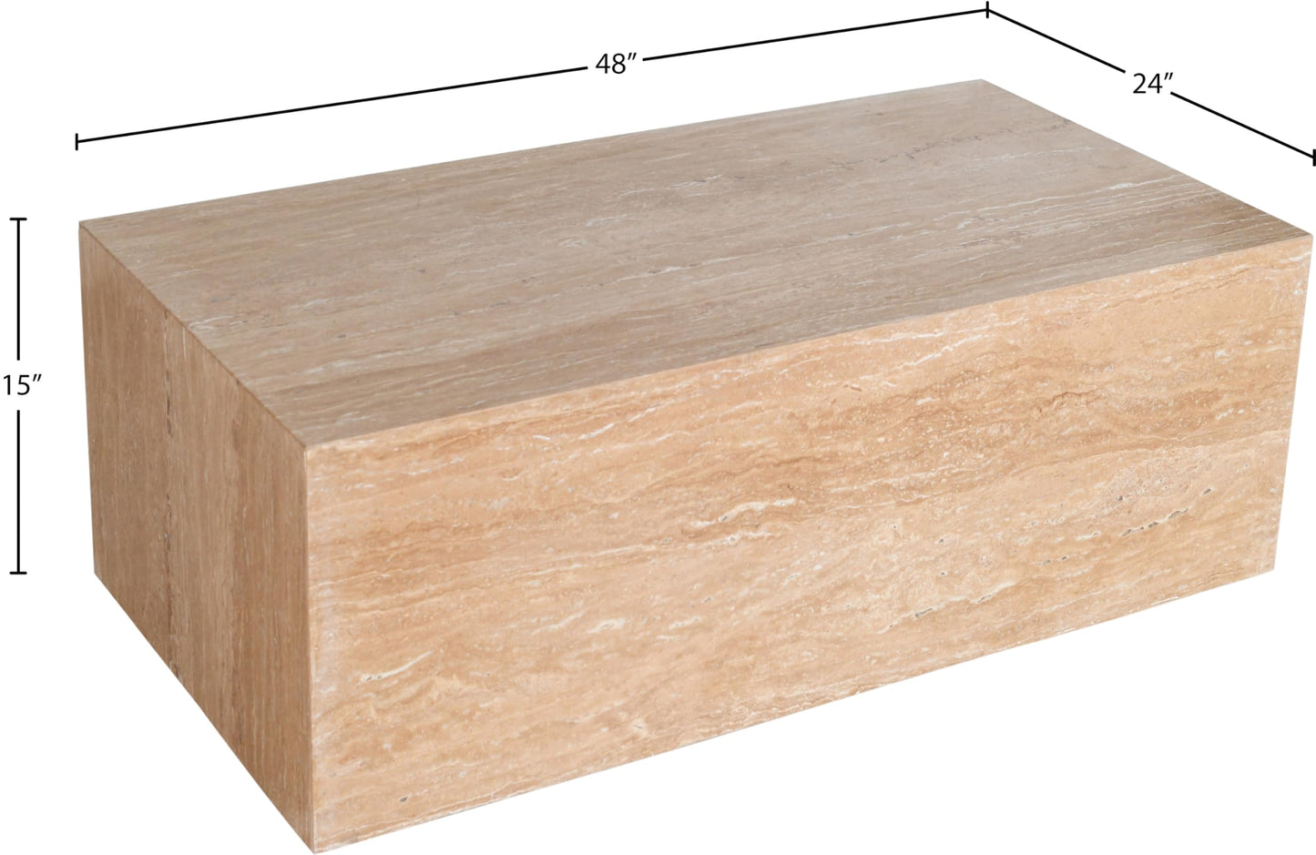 Meridian Furniture 251Travertine-CT Bolzano Collection Art Deco Coffee Table with Handcrafted Genuine Marble, 48" W x 24" D x 15" H, Beige