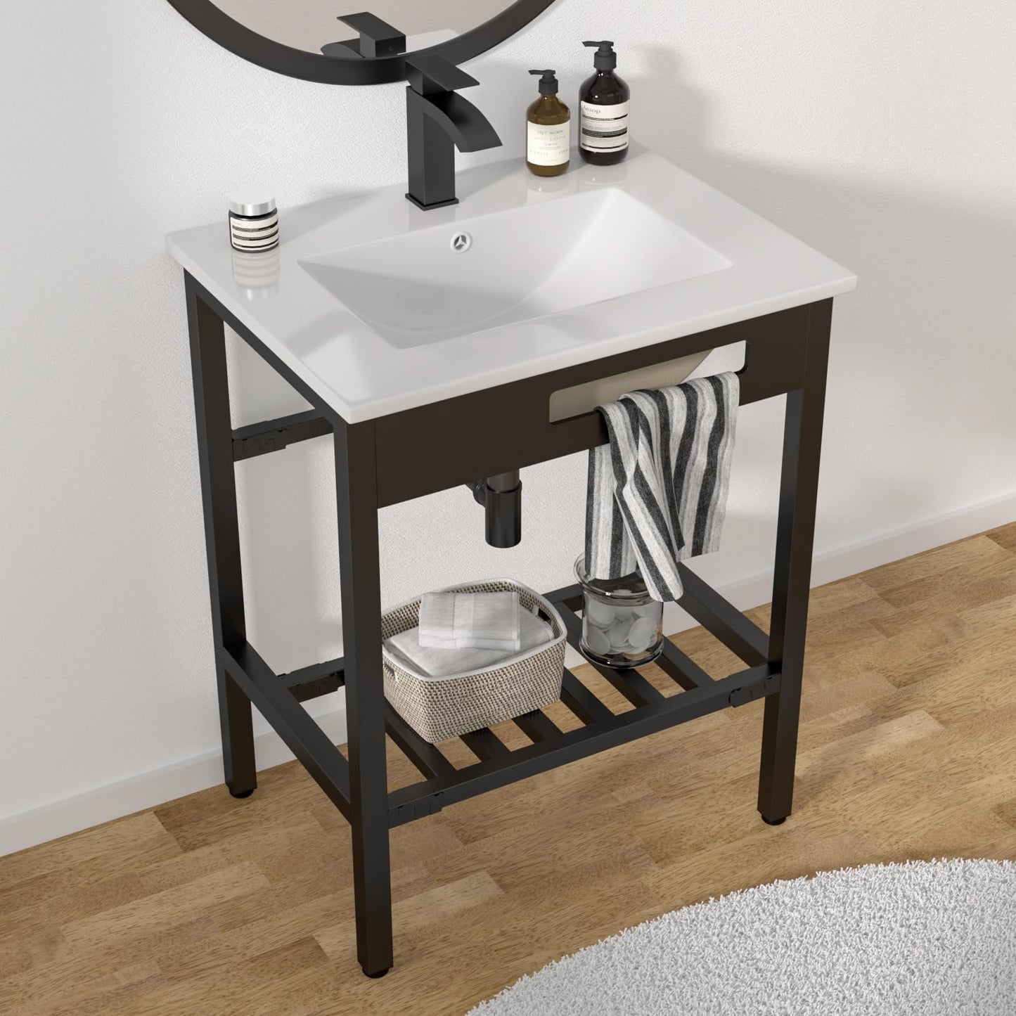 Ceramic Console Sink- Kichae 24"x 18" inch Bathroom Console Sink Drop In Bathroom Sink Holder with Stainless Pedestal Ledge Vessel Sink Art Basin
