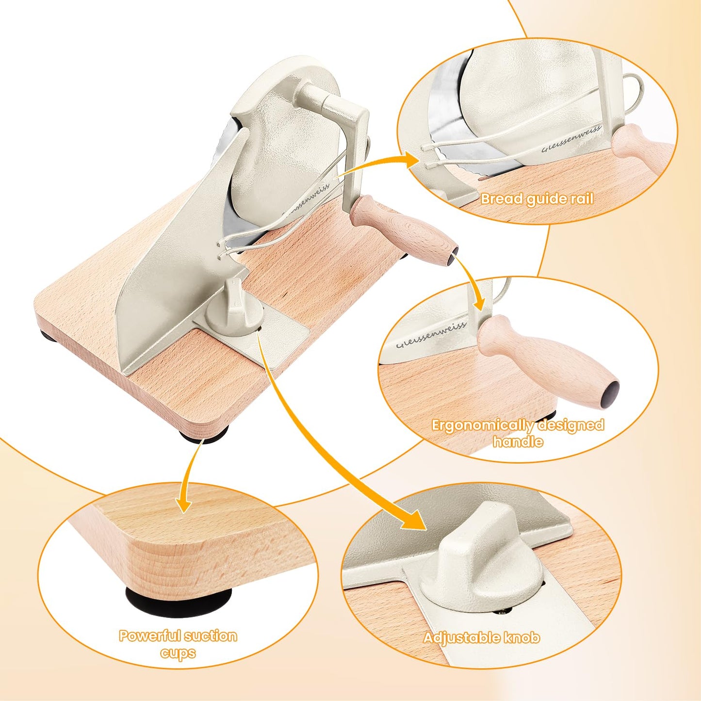 Gleissenweiss Stainless Steel Bread Slicer – Adjustable Manual Sourdough Bread Cutter with Hand Crank & Precise Thickness Control – Classic Homemade Bread Slicer for Kitchen & Bakery (Cream)