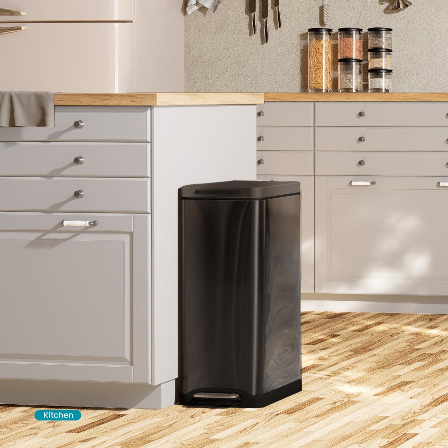 Home Zone Living 12 Gallon Slim Kitchen Trash Can with Soft Close Lid, Step Pedal, Bag Tuck Band, and Removable Liner, Stainless Steel, Black