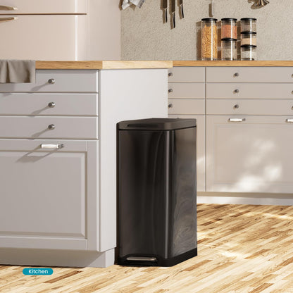 Home Zone Living 12 Gallon Slim Kitchen Trash Can with Soft Close Lid, Step Pedal, Bag Tuck Band, and Removable Liner, Stainless Steel, Black