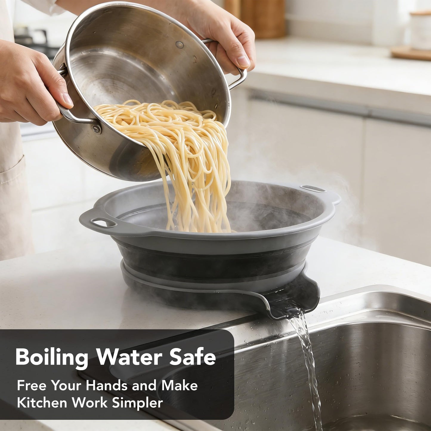 Collapsible Colander Set of 3 with Kitchen Counter Self-draining Base, Round Silicone Food Foldable Strainer for Cooking Pasta, Vegetables and Fruit (3QT, 4QT and 5QT), Black