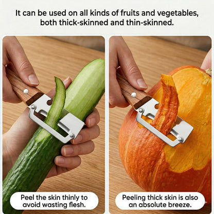 Multifunctional Vegetable Peeler with Wooden Handle, 2-in-1 Stainless Steel Vegetable Peeler with Built-in Bottle Opener for Kitchen, Hand Held Peeler Slicer Kitchen Tool for Fruit and Vegetable