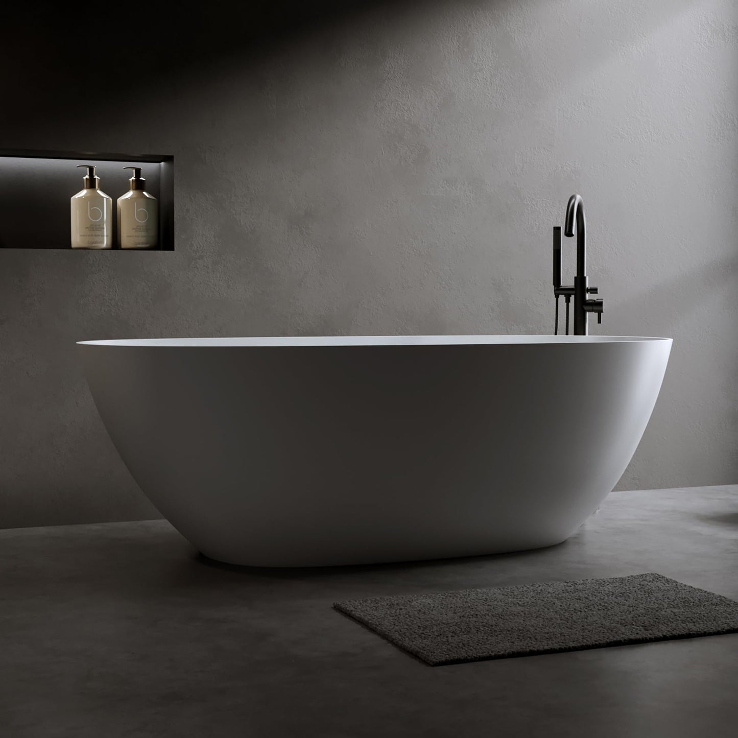 GDFStudio 69" Solid Surface Freestanding Bathtub, Matte White Stone Resin Soaking Tub with Overflow and Pop-Up Drain, Thick Edge Oval Stand Alone Deep Soaker Tub for Modern Bathroom Spa Relaxation
