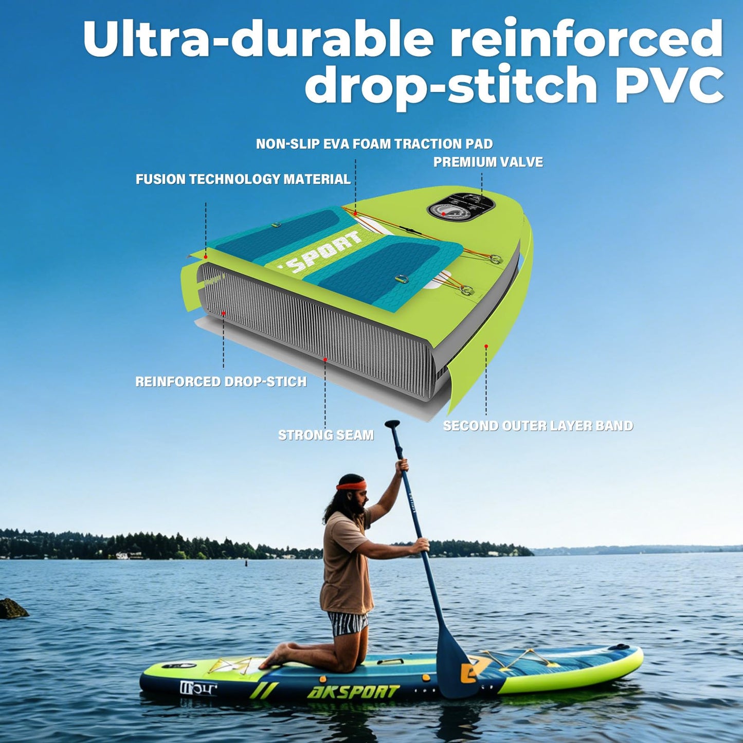 AKSPORT 11' Inflatable Stand-Up Paddle Board with Upgraded SUP Accessories Kit | Extra Wide 34" Design | Non-Slip Deck | Premium SUP Board for Adults & Youth of All Levels