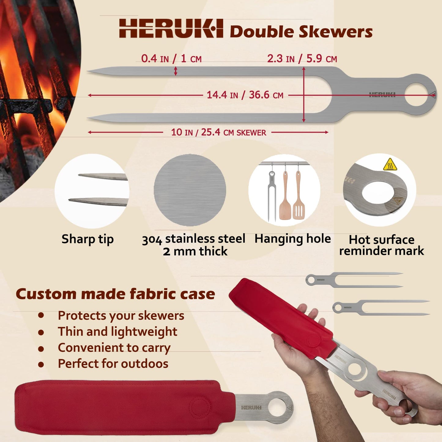 HERUKI Double Skewers Plus 2 Heat-Resistant Cast-Iron Handle Sleeves and 2 Potholders Bundle Premium Grill Kitchen Accessories for Kabob, Shawarma, Meat Fish Chicken BBQ Gift Set
