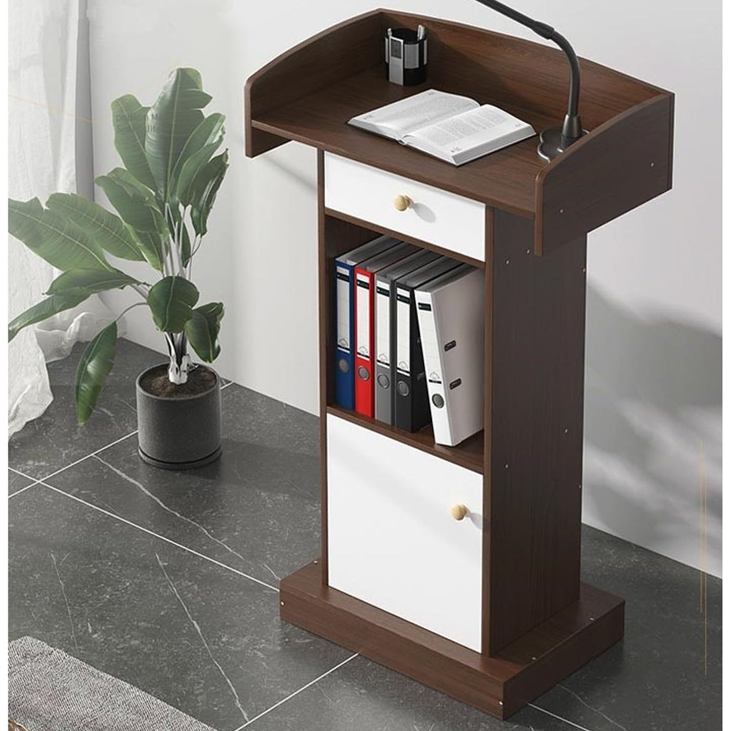 Wooden Pulpit Stand,floor Standing Church Pulpit Stand,pulpit Stand For Podium Presentations,pulpit With Wooden Heavy Duty Base With Double Storage Shelves For Classrooms,speeches,weddings(White)