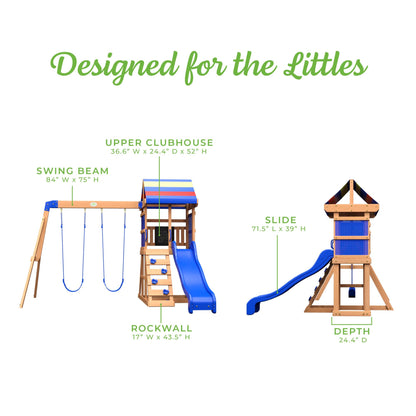 Backyard Discovery Bay Pointe Cedar Wood Swing Set with Wave Slide, Play Deck, Rock Wall Ladder, Belt Swings, Chalkboard, Canopy Roof, Outdoor Playset