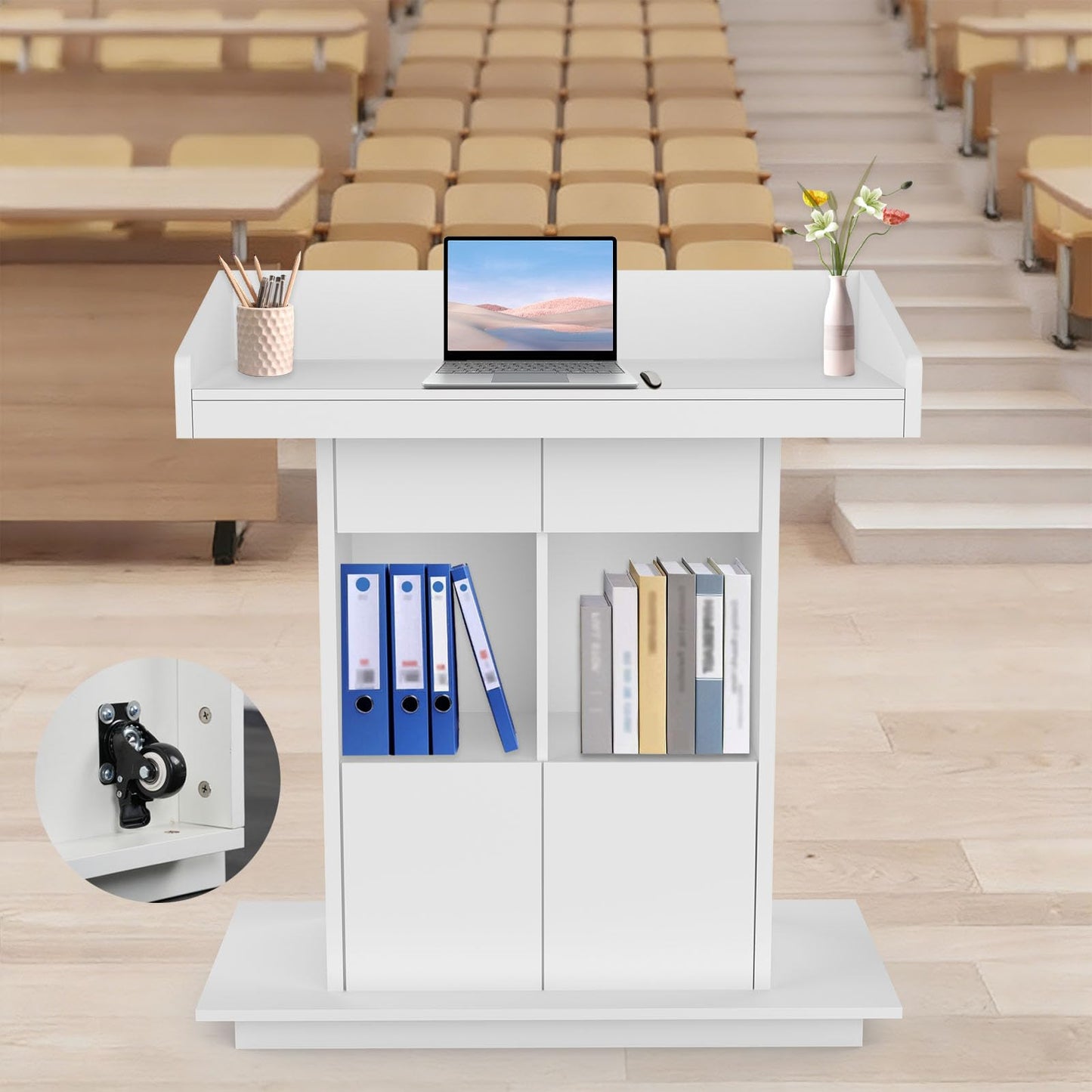 Podium Stand with Wheels Portable Podium Church Pulpit Lectern Podium Stand Church Podium Stands Wood Speaking Lectern Stand Lockable Wheels Design with Storage (White, L39″×W19″×H44″)