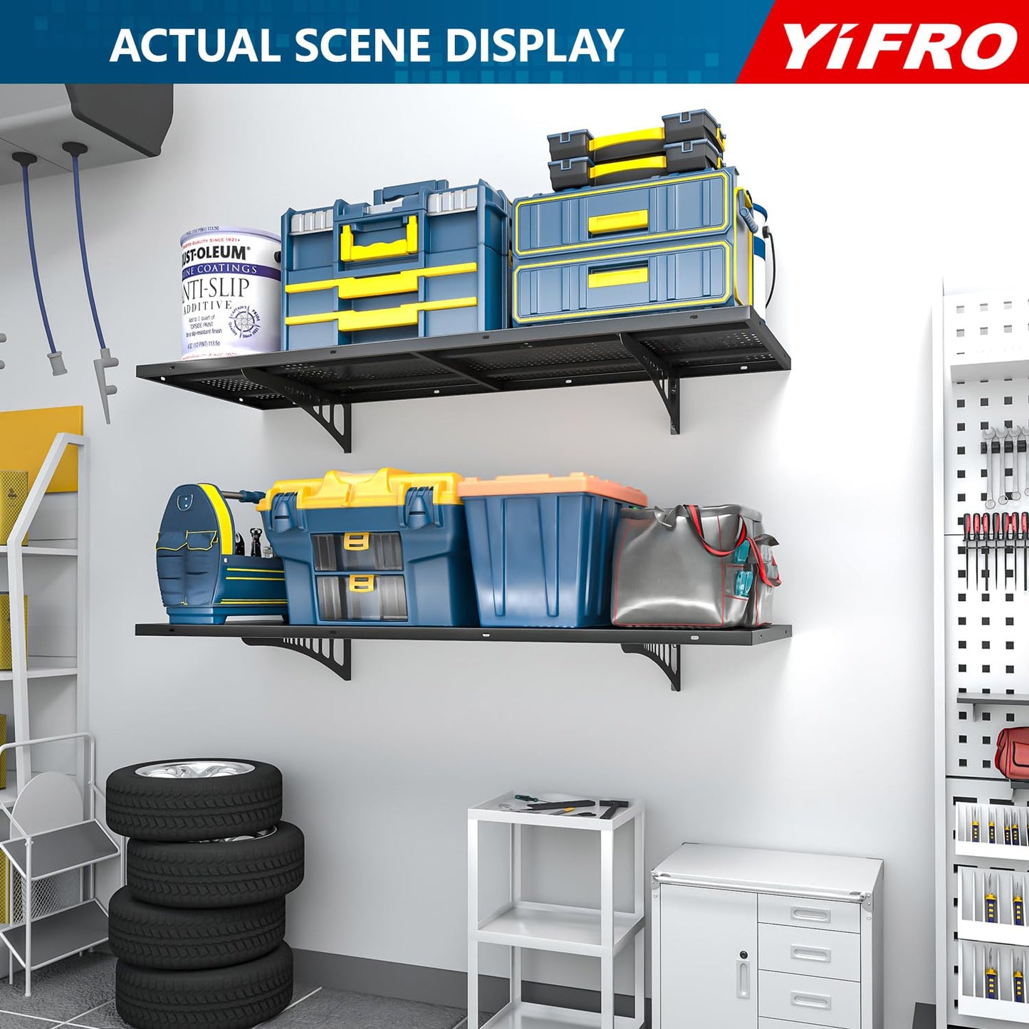 YIFRO 4-Pack 1.5x4ft Heavy Duty Garage Wall Shelving, 1000 lbs Load Capacity, Garage Shelving Wall Mounted, Storage Rack with Hooks, Black