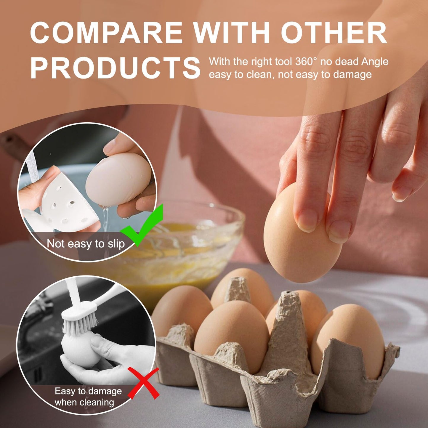 wonlex 4PCS Egg Brush Cleaner Multipurpose Fruit and Vegetable Rotating Scrubber Tool for Fresh Eggs, Reusable Chicken Duck Egg Washer Scrubber (White+Yellow)
