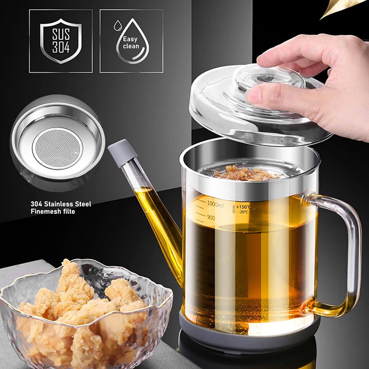 Home Servz Fat Separator,Cooking Gravy Strainer, with Stainless Steel Oil Strainer,1000ML Transparent Heat Resistant Glassware and Cover,Silicone Bottom Cover and Stopper