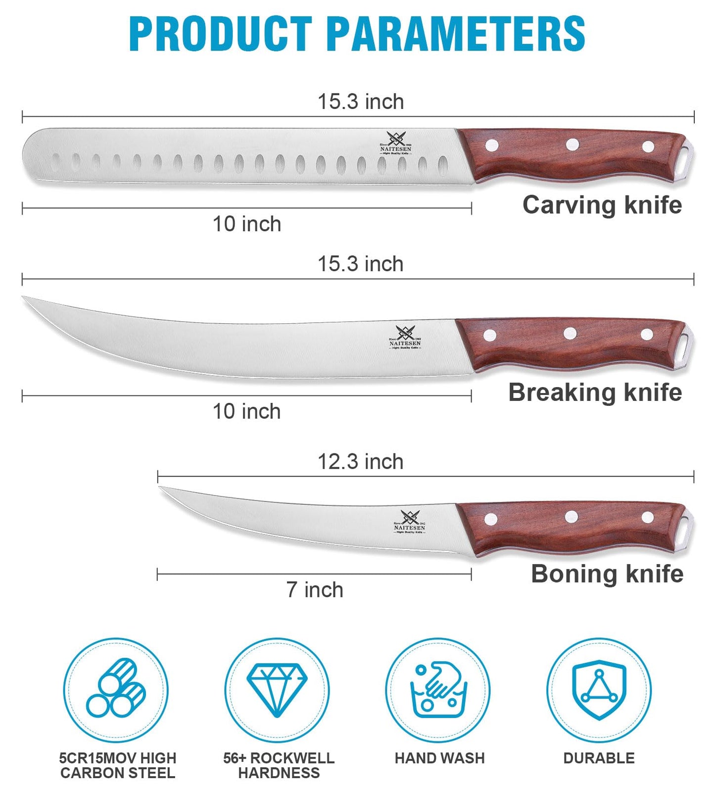 Naitesen 3PCS Professional Brisket Carving Knife Set, Butcher Knife, Very Sharp Meat Knives for BBQ Slicing Cutting Full Tang Rosewood Handle High Carbon Steel, Gifts for Men Women