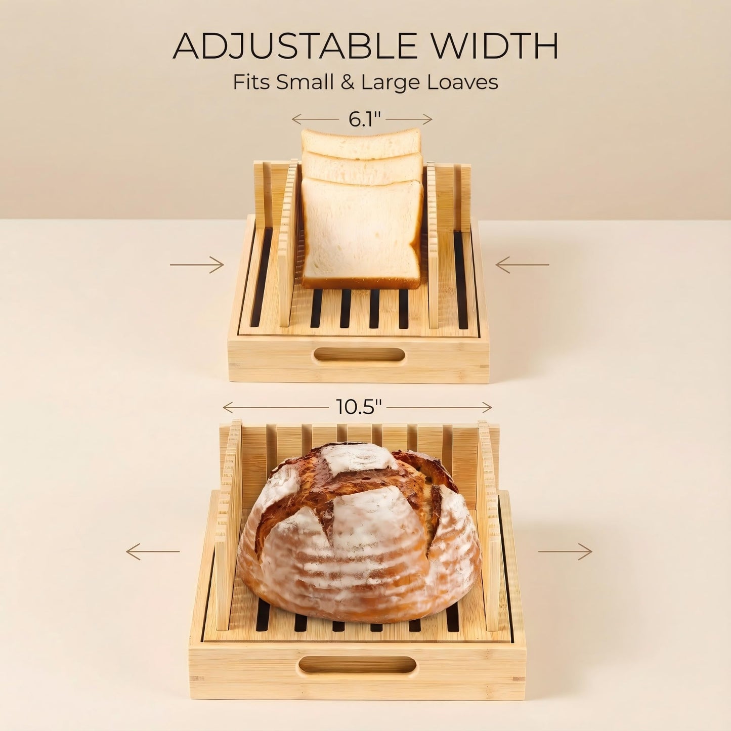 Bamboo Bread Slicer for Homemade Bread - Sturdy Bread Cutting Guide with Crumb Catcher Tray & Serving Board - Bread Cutter Machine for Loaf, Sandwich, Baking
