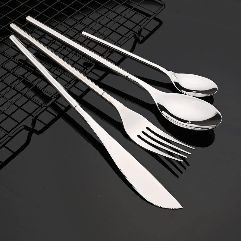 JASHII 304 Flatware Set Silver Silverware Set Mirror Polished 18/8 Stainless Steel Cutlery Set with Round Handle 24 Piece Wedding Housewarming Gift Service for 6