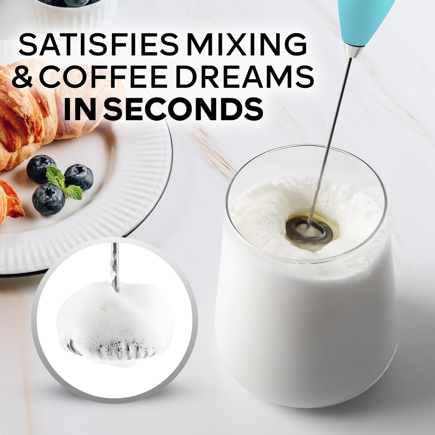 Zulay Kitchen Milk Frother Wand - Ultra-Fast Handheld Drink Mixer with 4 AA Batteries - Aqua Color