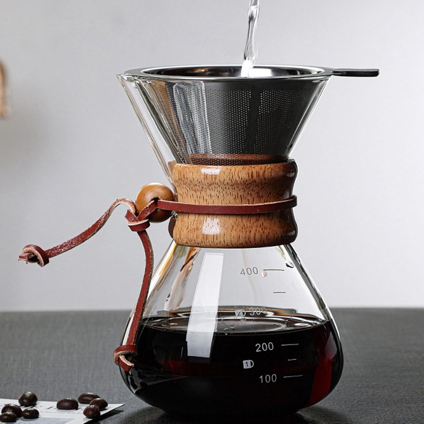 Pour Over Coffee Maker, 400ml Double Filter Wooden Sleeve Brewer for Home Cafe Parties