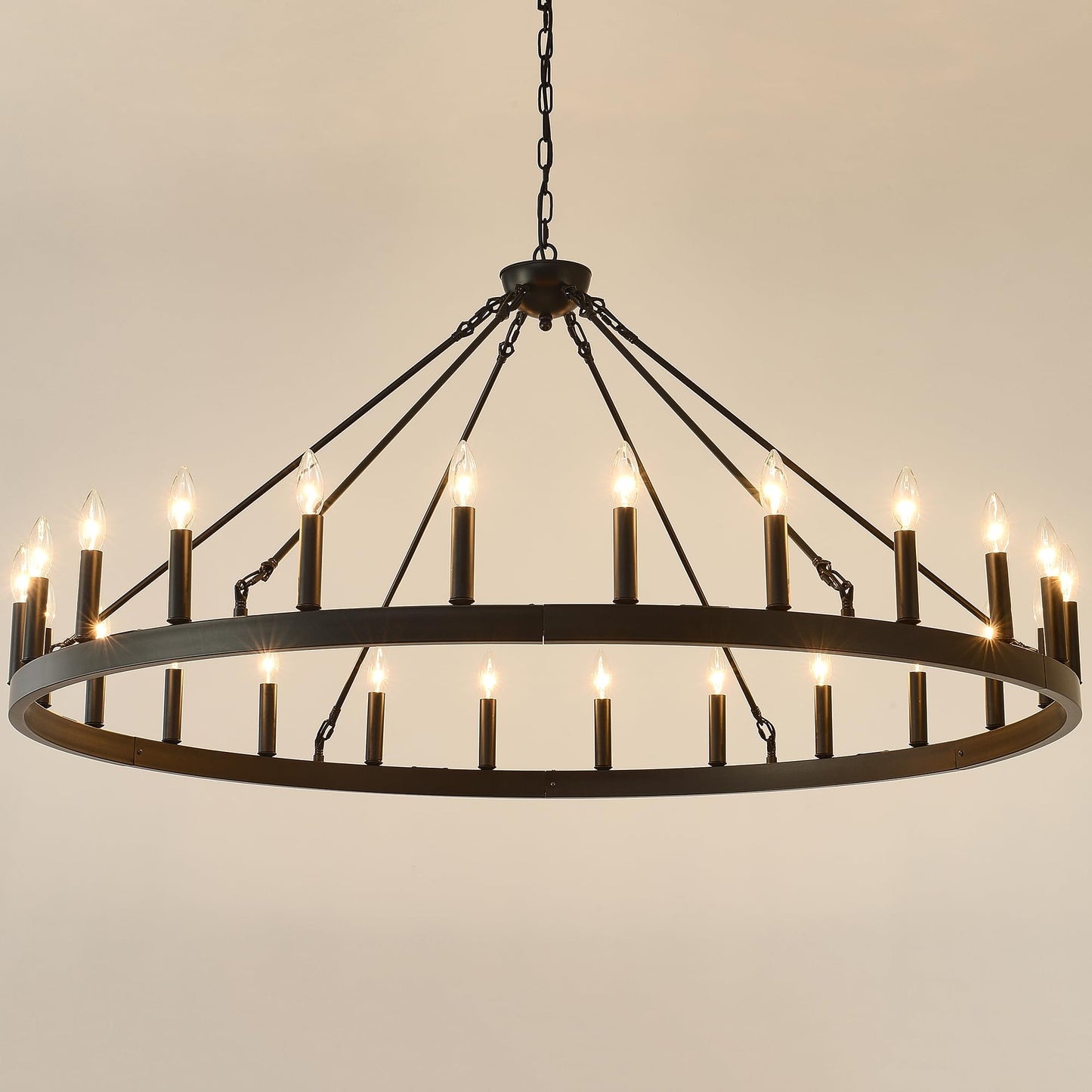 JTYP 53 Inch Large Black Farmhouse Wagon Wheel Chandelier,24-Light Round Industrial Pendant Light fixtures for Outdoor Porch high Ceilings Living Dining Room Foyer Entryway