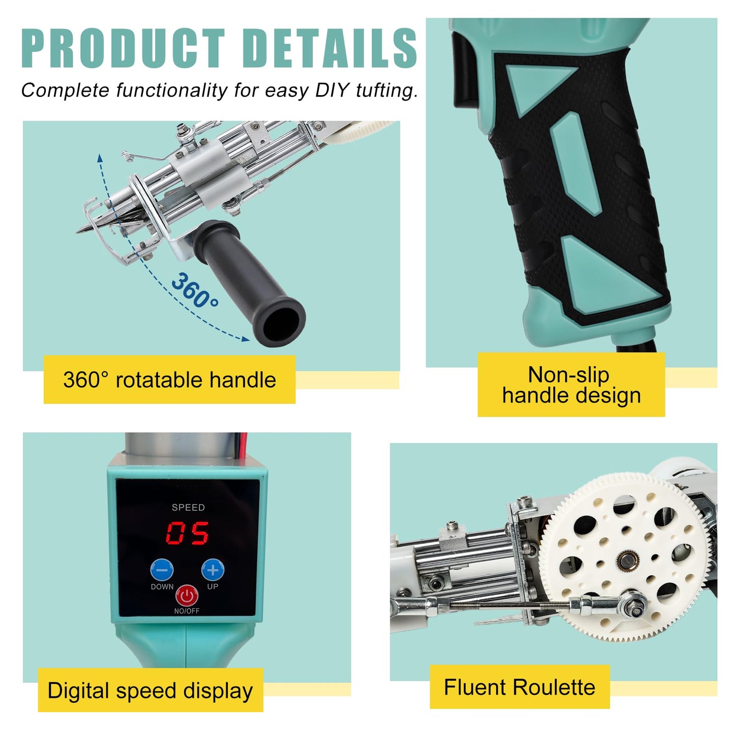 zowwfast Rug Tufting Gun Starter Kit with Carpet Trimmer, 2 in 1 Cut Pile Loop Pile Rug Tufting Kit, Non-Slip Grip Carpet Tufting Gun Kit with Digital Screen Controls Speed, Rug Maker Machine& Cloth