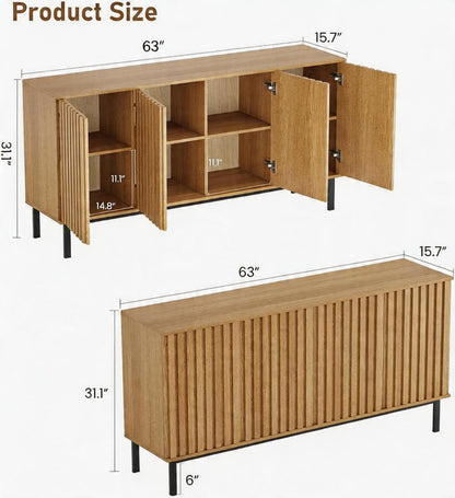 Garvee 60 Inch Sideboard Buffet Cabinet with Fluted Doors, Modern Wood Storage Cabinet with Adjustable Shelf, Freestanding Coffee Bar for Dining Room Living Room