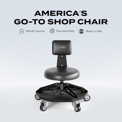 Vyper Robust Steel Sport Shop Chair for Mechanics, Automotive, DIY - 300 lb Capacity Garage Stool with Backrest & Large Wheels (Black Seat, Black Frame)