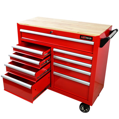 KEIKI 9 Drawer Rolling Tool Cart with Wooden Top, Metal Tool Cabinet with Wheels and Handle, Heavy Duty Storage Organizer for Garage Workshop (Red)