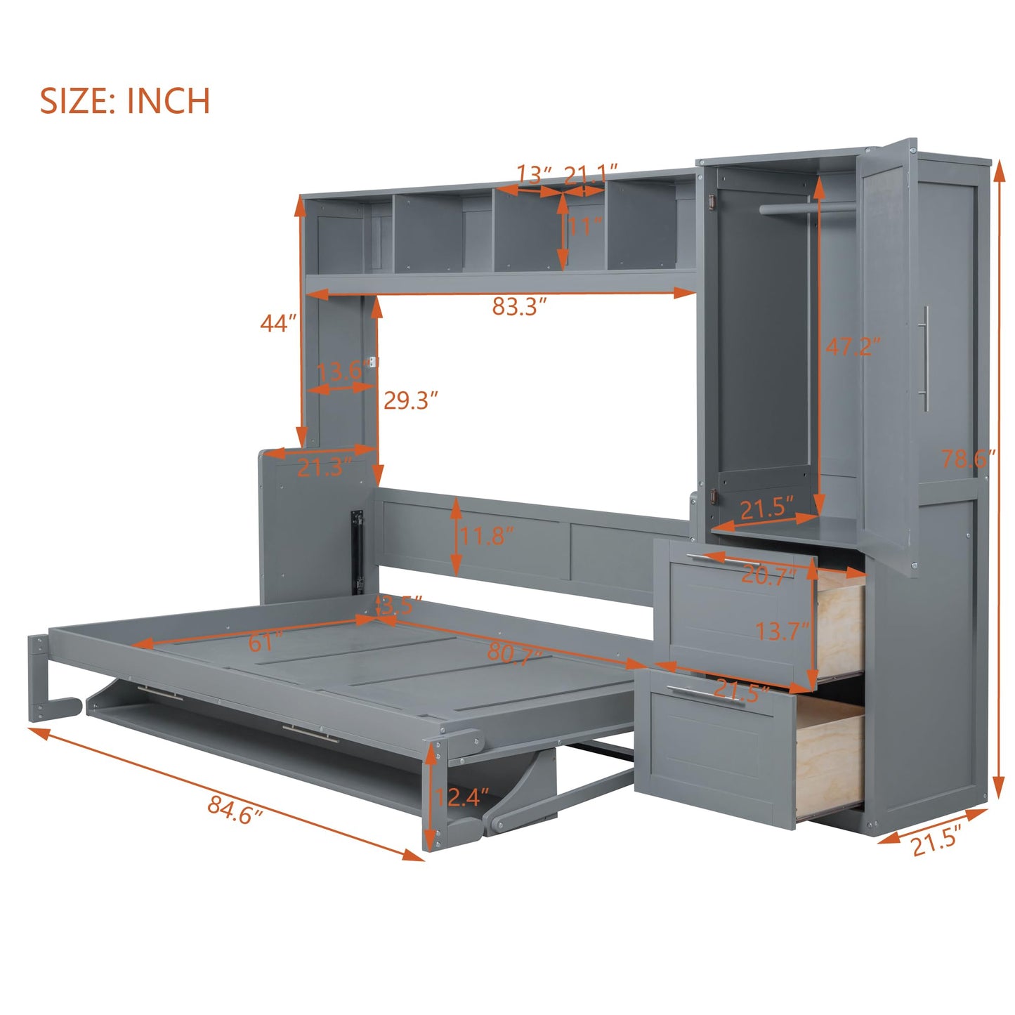 Ball & Cast Queen Size Murphy Bed Wall Chest with Closet and Storage Drawers,Wood Hideaway Platform Bedframe can be Folded,Easy Assembly,for Kids Bedroom,Student Dorms,Gray